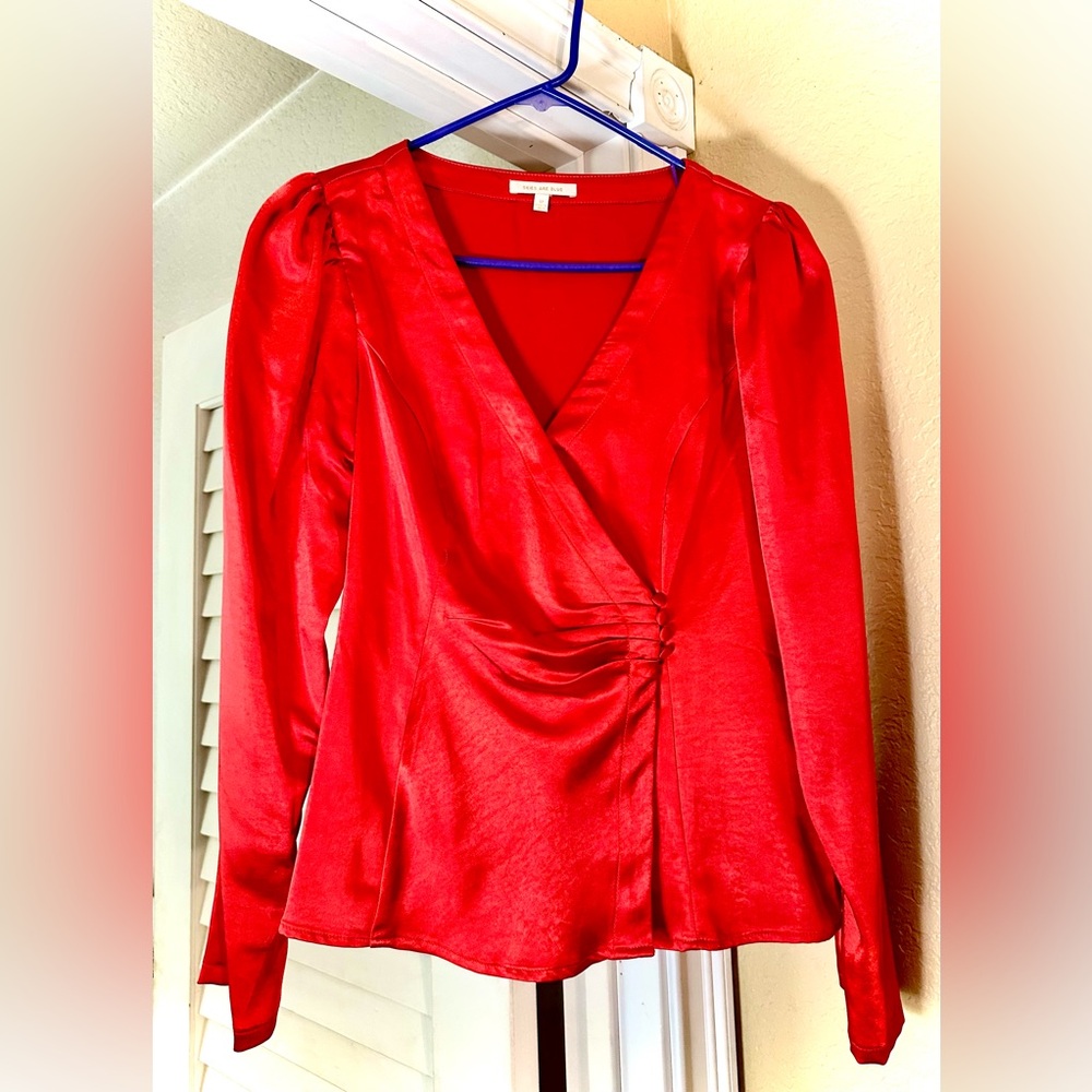 Skies Are Blue Vibrant & Classy Red Satin Long Sleeve Blouse